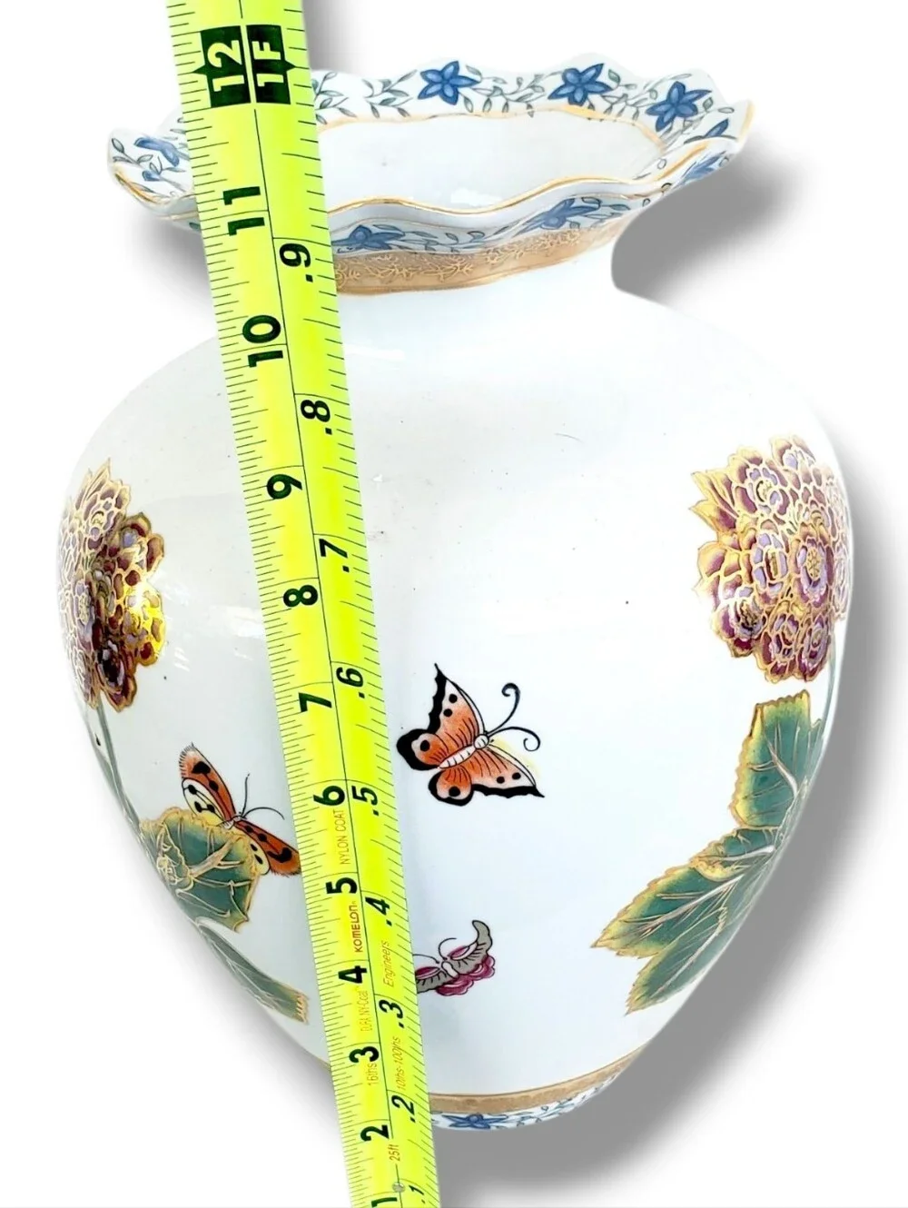 Vintage Porcelain Floral Vase Butterfly Gold Gilt Scalloped Hand Painted Asian